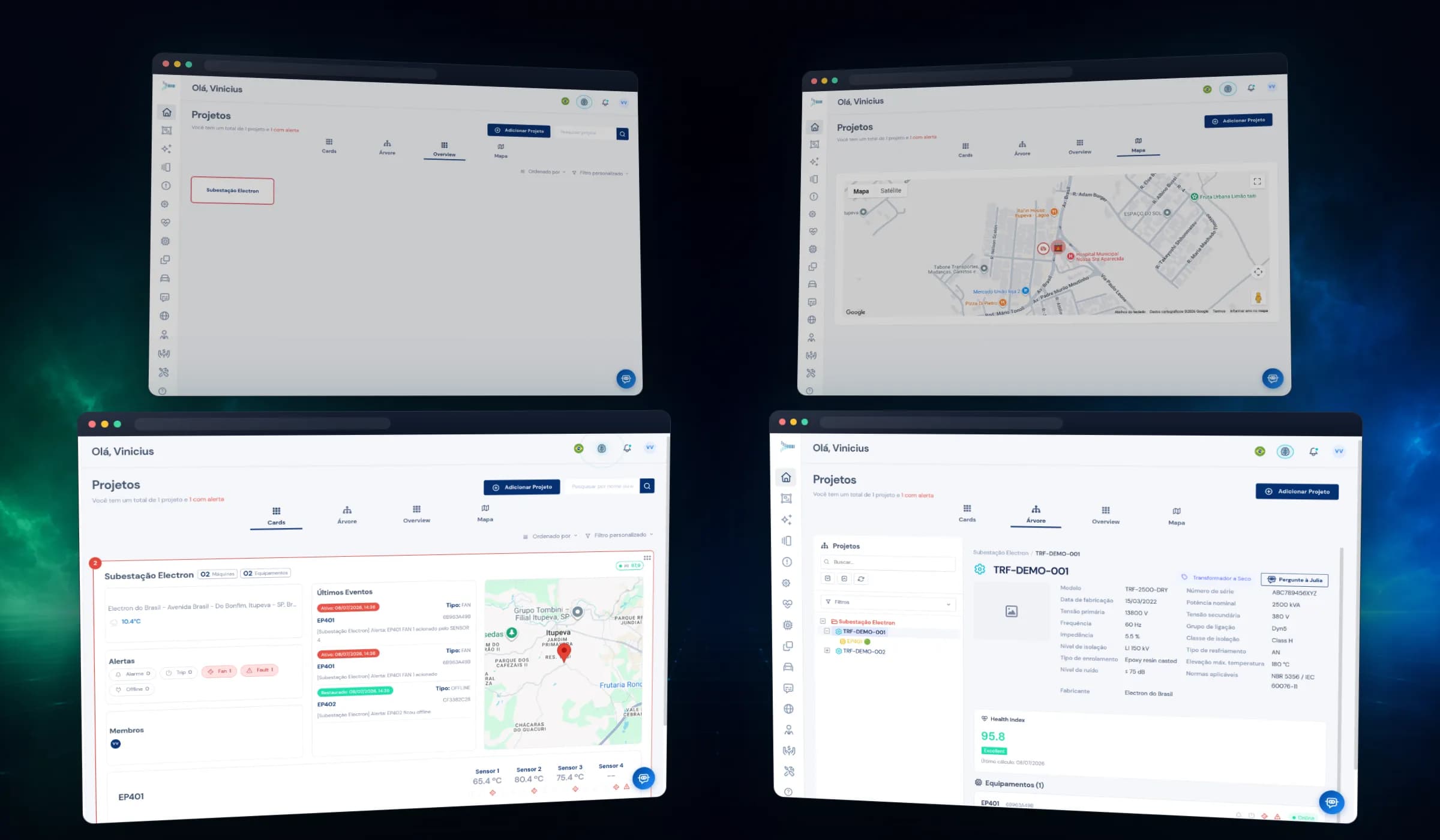 Quatro telas reais do dashboard do Monitrafo em perspectiva: visões Cards, Árvore, Overview e Mapa